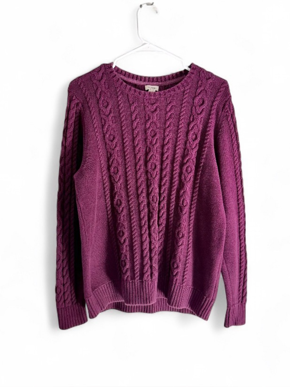 LL Bean Sweater Womens XL Purple 100% Cotton Cable Knit Crewneck Pullover Preppy